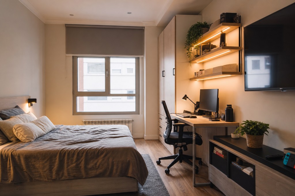 Habitación con cama y escritorio para estudiante